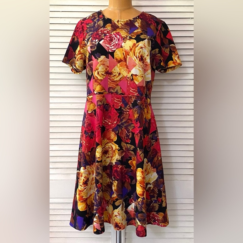 ECI Dress Womens size 10 Floral Short Sleeve Colorful A-line Office Party Shift